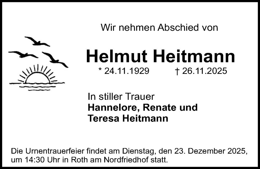  Traueranzeige für Helmut Heitmann vom 20.12.2025 aus Roth-Hilpoltsteiner Volkszeitung Lokal