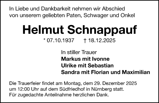 Traueranzeige von Helmut Schnappauf von Gesamtausgabe Nürnberger Nachrichten/ Nürnberger Ztg.