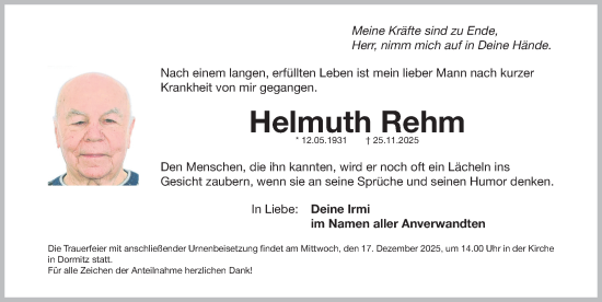 Traueranzeige von Helmuth Rehm von Erlanger Nachrichten Lokal
