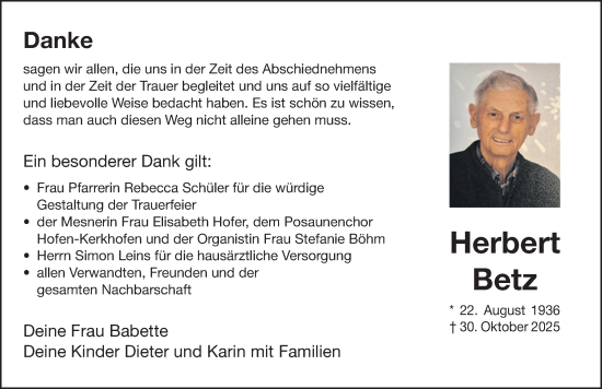 Traueranzeige von Herbert Betz von Neumarkter Nachrichten Lokal