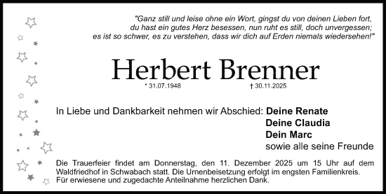Traueranzeige von Herbert Brenner von Schwabacher Tagblatt Lokal