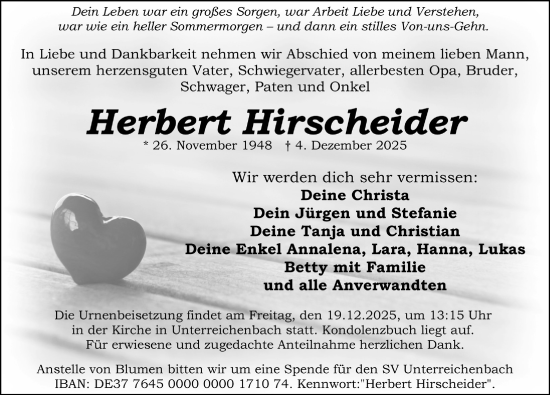 Traueranzeige von Herbert Hirscheider von Schwabacher Tagblatt Lokal