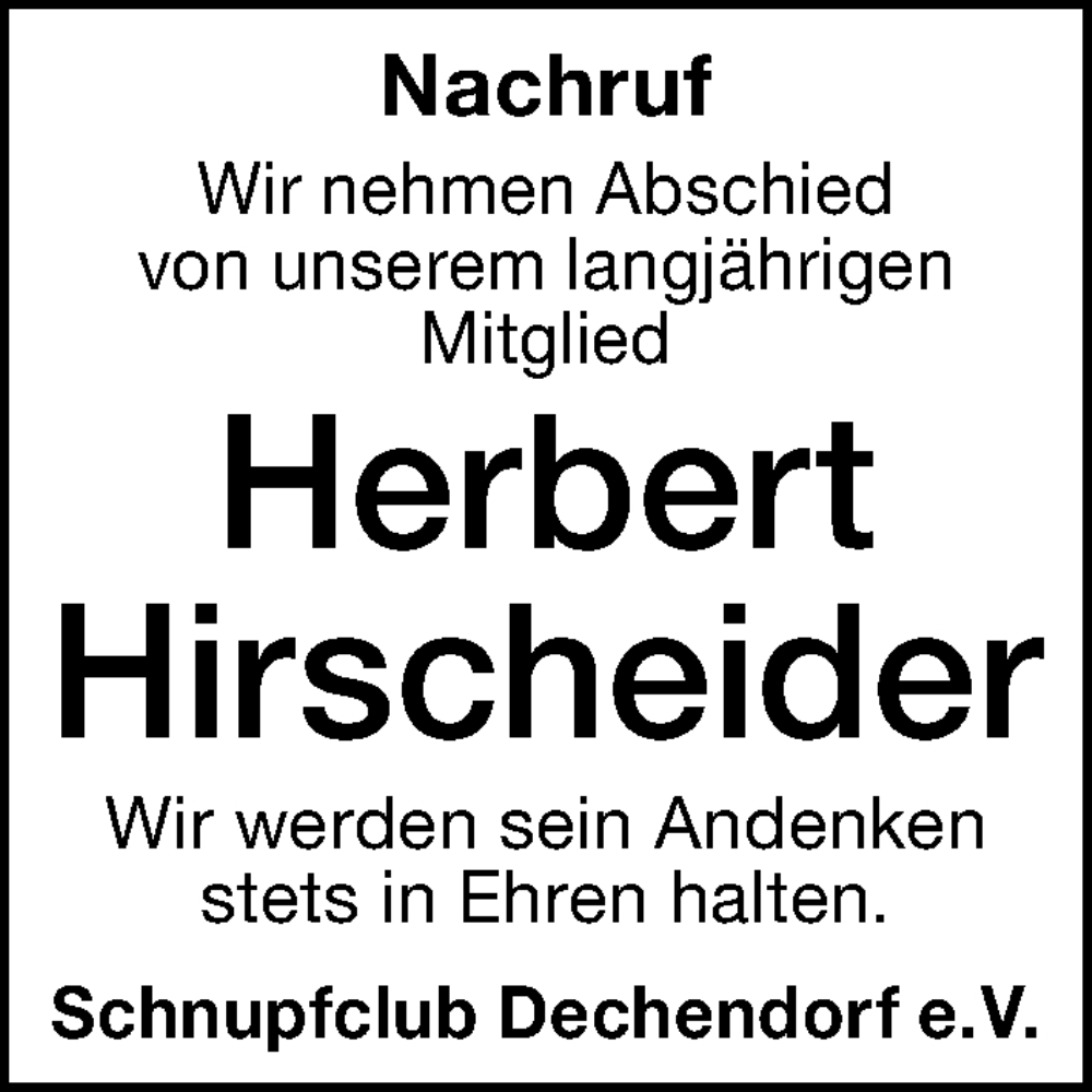  Traueranzeige für Herbert Hirscheider vom 19.12.2025 aus Schwabacher Tagblatt Lokal