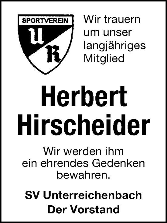 Traueranzeige von Herbert Hirscheider von Schwabacher Tagblatt Lokal