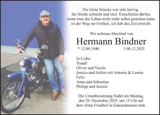 Traueranzeige von Hermann Bindner von Altmühl-Bote Lokal