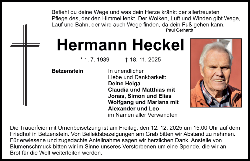  Traueranzeige für Hermann Heckel vom 06.12.2025 aus Nordbayerische Nachrichten Pegnitz Lokal