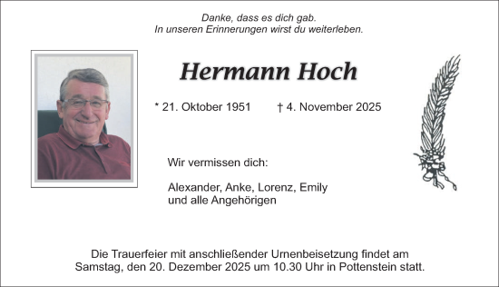 Traueranzeige von Hermann Hoch von Nordbayerische Nachrichten Pegnitz Lokal