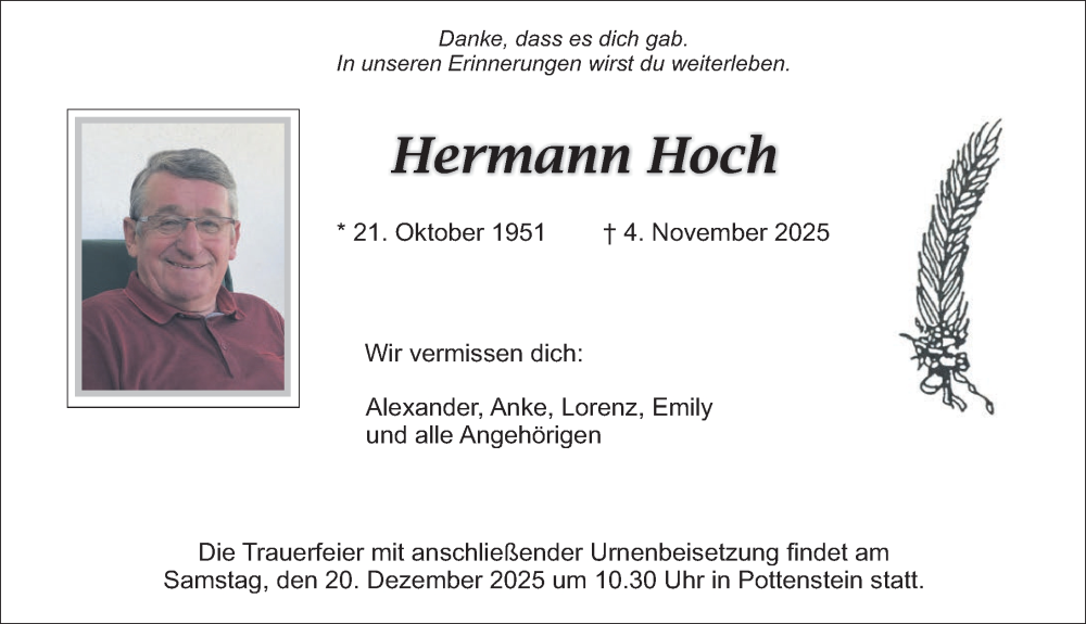  Traueranzeige für Hermann Hoch vom 13.12.2025 aus Nordbayerische Nachrichten Pegnitz Lokal