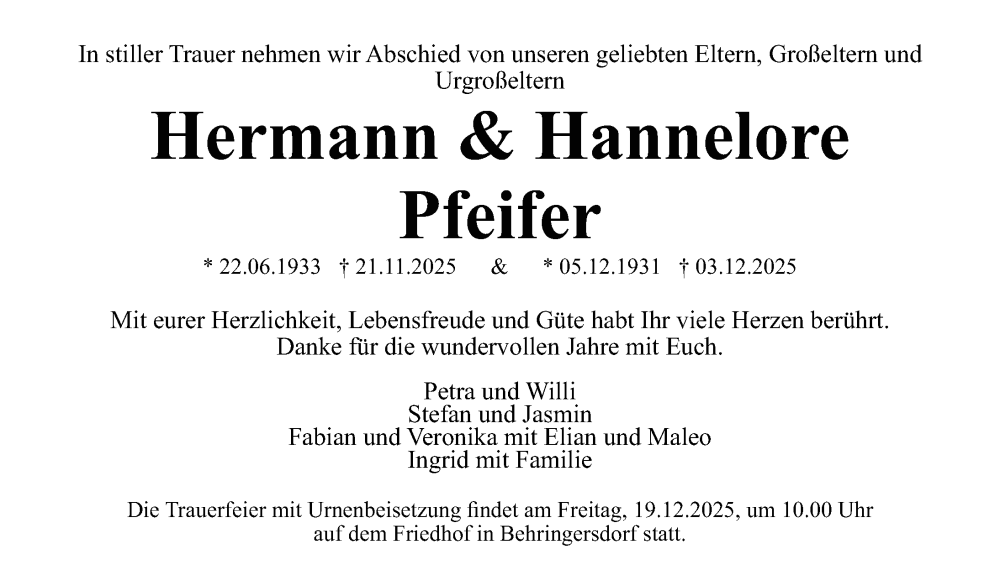  Traueranzeige für Hermann Pfeifer vom 13.12.2025 aus Gesamtausgabe Nürnberger Nachrichten/ Nürnberger Ztg.