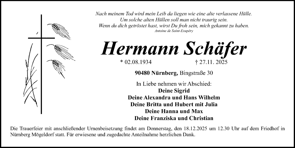  Traueranzeige für Hermann Schäfer vom 13.12.2025 aus Gesamtausgabe Nürnberger Nachrichten/ Nürnberger Ztg.