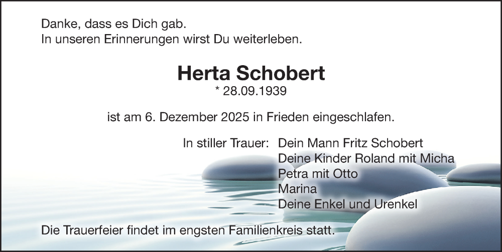  Traueranzeige für Herta Schobert vom 13.12.2025 aus Gesamtausgabe Nürnberger Nachrichten/ Nürnberger Ztg.