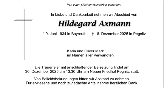 Traueranzeige von Hildegard Axmann von Nordbayerische Nachrichten Pegnitz Lokal