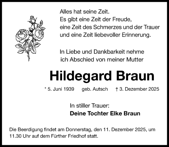 Traueranzeige von Hildegard Braun von Fürther Nachrichten Lokal