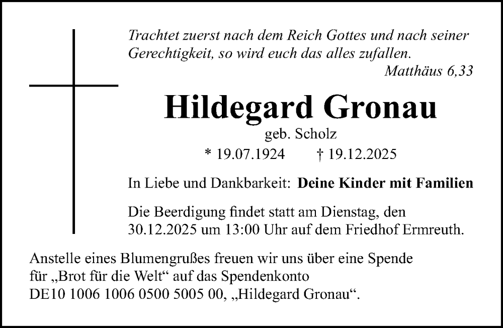  Traueranzeige für Hildegard Gronau vom 23.12.2025 aus Gesamtausgabe Nürnberger Nachrichten/ Nürnberger Ztg.