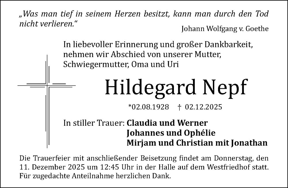  Traueranzeige für Hildegard Nepf vom 06.12.2025 aus Gesamtausgabe Nürnberger Nachrichten/ Nürnberger Ztg.