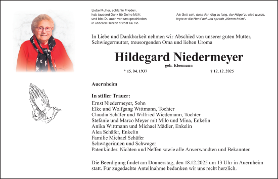 Traueranzeige von Hildegard Niedermeyer von Altmühl-Bote Lokal/ Weißenburger Tagblatt