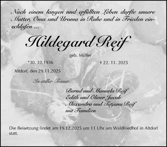 Traueranzeige von Hildegard Reif von Gesamtausgabe Nürnberger Nachrichten/ Nürnberger Ztg.