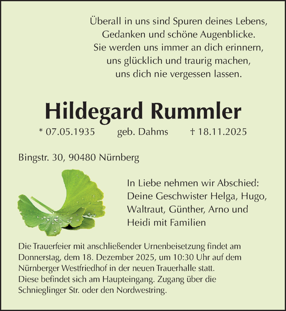  Traueranzeige für Hildegard Rummler vom 06.12.2025 aus Gesamtausgabe Nürnberger Nachrichten/ Nürnberger Ztg.