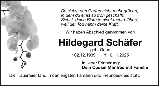 Traueranzeige von Hildegard Schäfer von Gesamtausgabe Nürnberger Nachrichten/ Nürnberger Ztg.