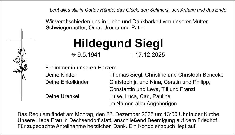  Traueranzeige für Hildegund Siegl vom 20.12.2025 aus Erlanger Nachrichten Lokal