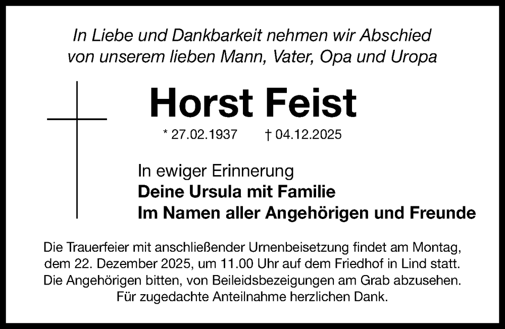  Traueranzeige für Horst Feist vom 17.12.2025 aus Fürther Nachrichten Lokal