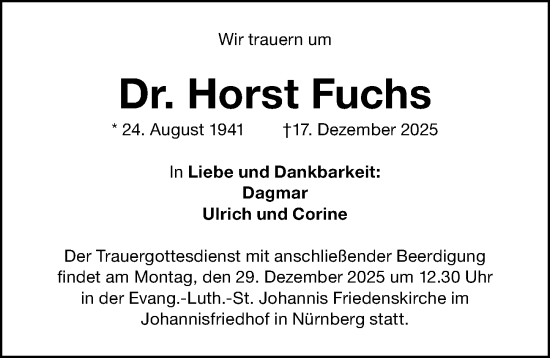 Traueranzeige von Horst Fuchs von Gesamtausgabe Nürnberger Nachrichten/ Nürnberger Ztg.
