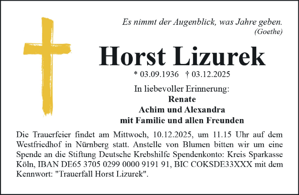  Traueranzeige für Horst Lizurek vom 06.12.2025 aus Gesamtausgabe Nürnberger Nachrichten/ Nürnberger Ztg.