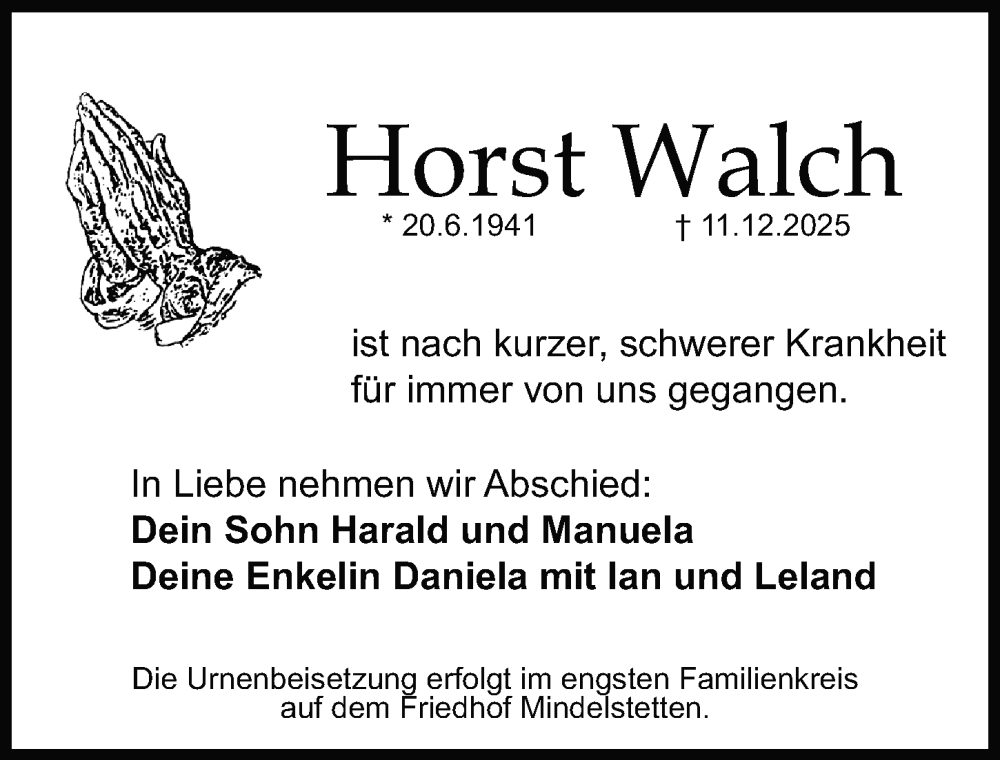  Traueranzeige für Horst Walch vom 20.12.2025 aus Schwabacher Tagblatt Lokal