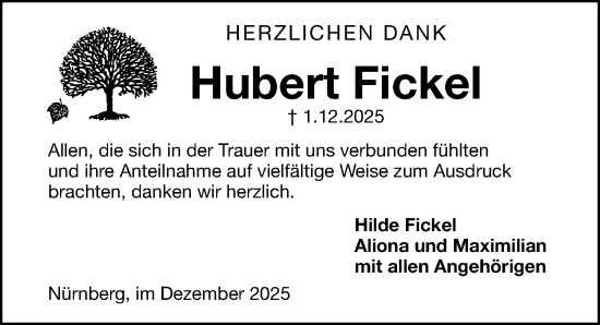 Traueranzeige von Hubert Fickel von Gesamtausgabe Nürnberger Nachrichten/ Nürnberger Ztg.