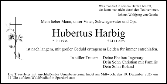 Traueranzeige von Hubertus Harbig von Erlanger Nachrichten Lokal