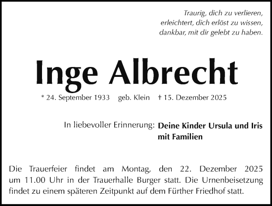 Traueranzeige von Inge Albrecht von Fürther Nachrichten Lokal