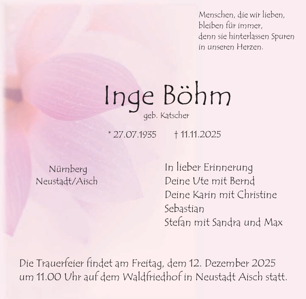  Traueranzeige für Inge Böhm vom 06.12.2025 aus Gesamtausgabe Nürnberger Nachrichten/ Nürnberger Ztg.