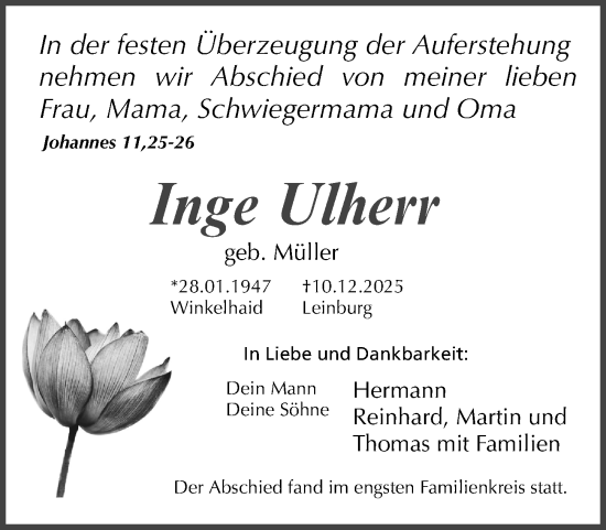Traueranzeige von Inge Ulherr von Gesamtausgabe Nürnberger Nachrichten/ Nürnberger Ztg.