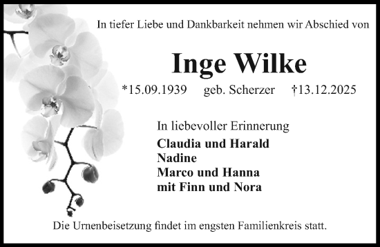 Traueranzeige von Inge Wilke von Erlanger Nachrichten Lokal