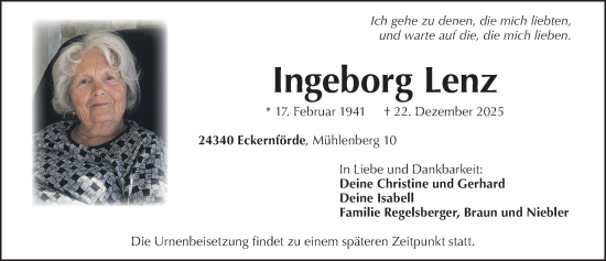 Traueranzeige von Ingeborg Lenz von Gesamtausgabe Nürnberger Nachrichten/ Nürnberger Ztg.