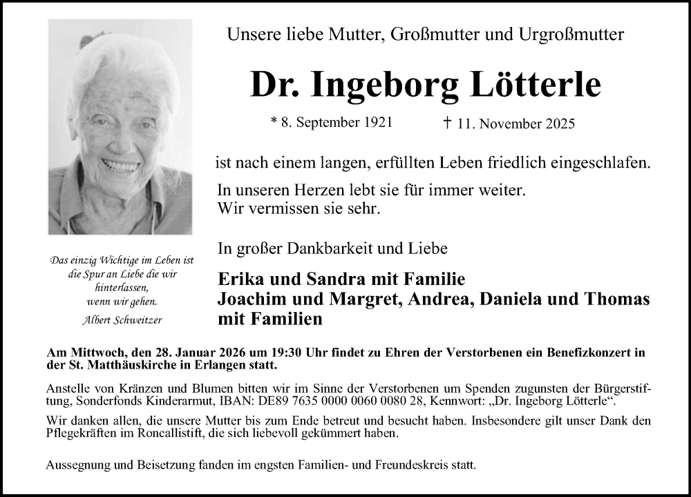  Traueranzeige für Ingeborg Lötterle vom 13.12.2025 aus Erlanger Nachrichten Lokal