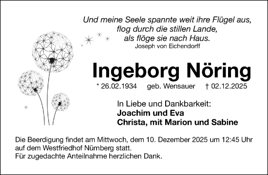 Traueranzeige von Ingeborg Nöring von Gesamtausgabe Nürnberger Nachrichten/ Nürnberger Ztg.