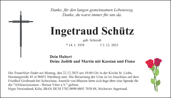 Traueranzeige von Ingetraud Schütz von Gesamtausgabe Nürnberger Nachrichten/ Nürnberger Ztg.
