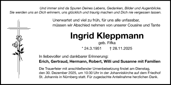 Traueranzeige von Ingrid Kleppmann von Gesamtausgabe Nürnberger Nachrichten/ Nürnberger Ztg.