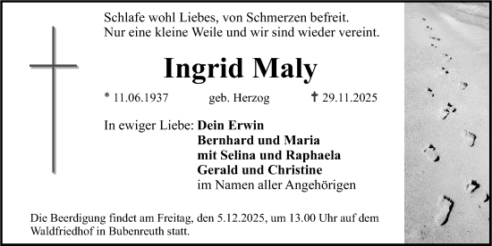 Traueranzeige von Ingrid Maly von Erlanger Nachrichten Lokal