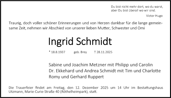 Traueranzeige von Ingrid Schmidt von Erlanger Nachrichten Lokal