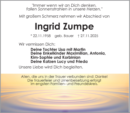 Traueranzeige von Ingrid Zumpe von Gesamtausgabe Nürnberger Nachrichten/ Nürnberger Ztg.