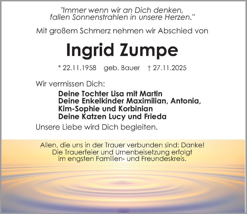  Traueranzeige für Ingrid Zumpe vom 20.12.2025 aus Gesamtausgabe Nürnberger Nachrichten/ Nürnberger Ztg.