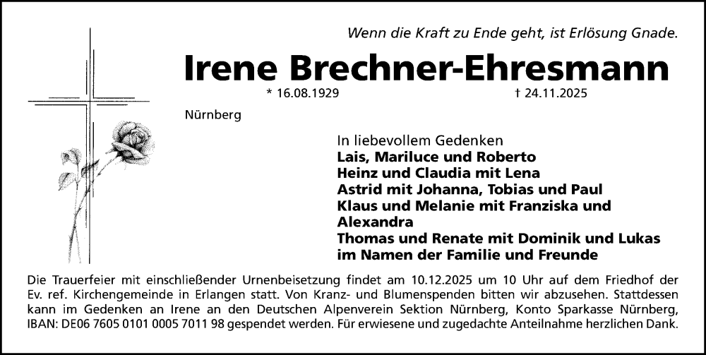  Traueranzeige für Irene Brechner-Ehresmann vom 06.12.2025 aus Gesamtausgabe Nürnberger Nachrichten/ Nürnberger Ztg.