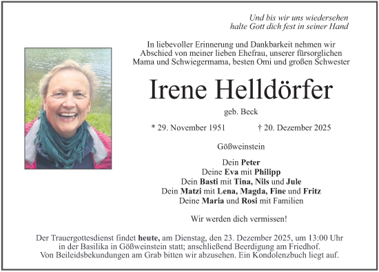Traueranzeige von Irene Helldörfer von Nordbayerische Nachrichten Forchheim Lokal