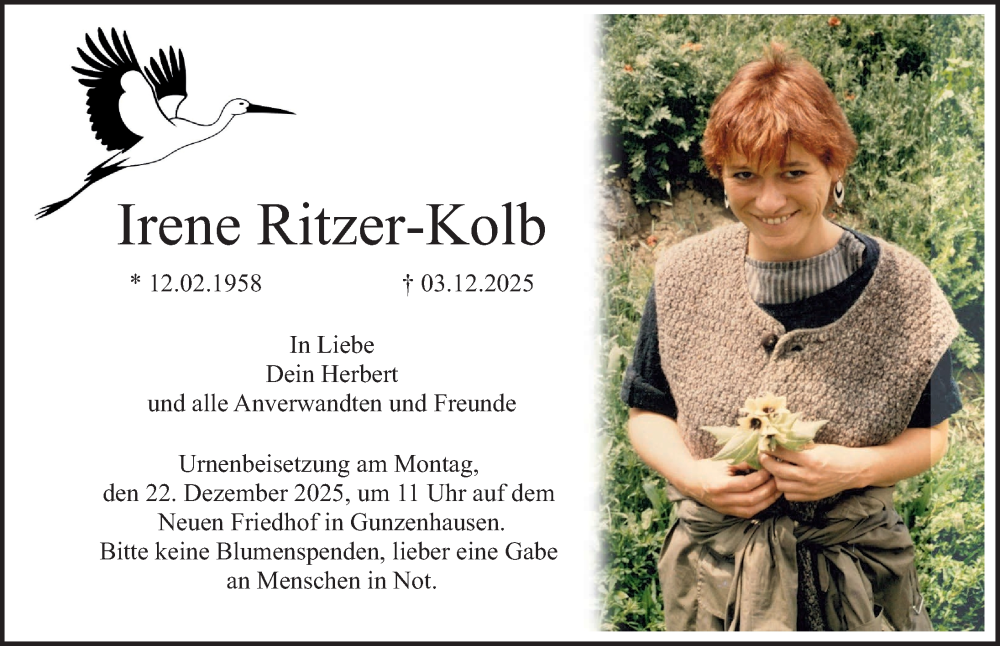  Traueranzeige für Irene Ritzer-Kolb vom 20.12.2025 aus Gesamtausgabe Nürnberger Nachrichten/ Nürnberger Ztg.