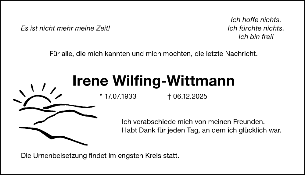  Traueranzeige für Irene Wilfing-Wittmann vom 13.12.2025 aus Gesamtausgabe Nürnberger Nachrichten/ Nürnberger Ztg.