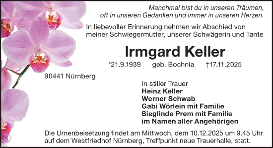 Traueranzeige von Irmgard Keller von Gesamtausgabe Nürnberger Nachrichten/ Nürnberger Ztg.