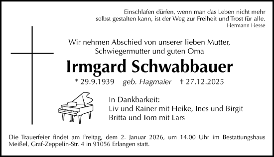 Traueranzeige von Irmgard Schwabbauer von Erlanger Nachrichten Lokal