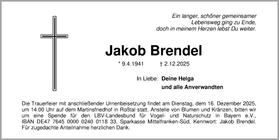 Traueranzeige von Jakob Brendel von Fürther Nachrichten Lokal